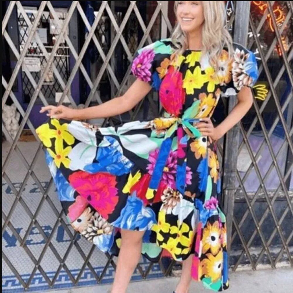NWOT Christopher John Rogers Floral Puff Sleeve Poplin A-Line Midi Dress Small